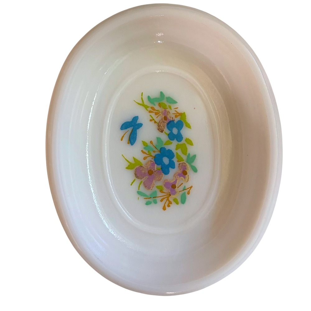 Vintage Avon Milk Glass Soap Dish Floral Butterfly Pedestal White Oval Trinket